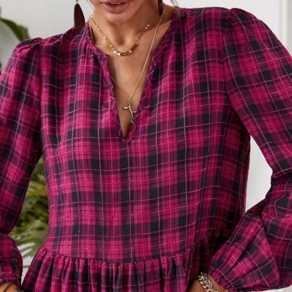 BOHO Plaid ruffle hem lantern sleeve dress plum - Picture 6 of 6